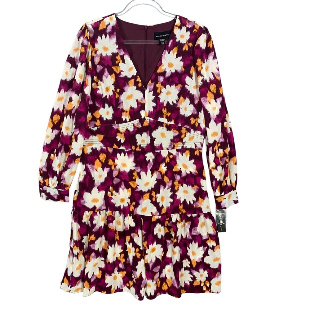 NEW Donna Morgan Dress Floral Bishop Sleeve Buttoned Cuffs Tiered Skirt Dress 14